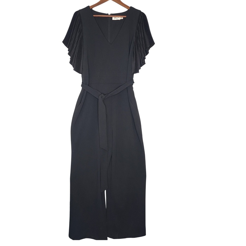 Eliza J Pleated Flutter Sleeve Belted V Neck Jumpsuit Black 14 Party Wedding - Picture 4 of 10